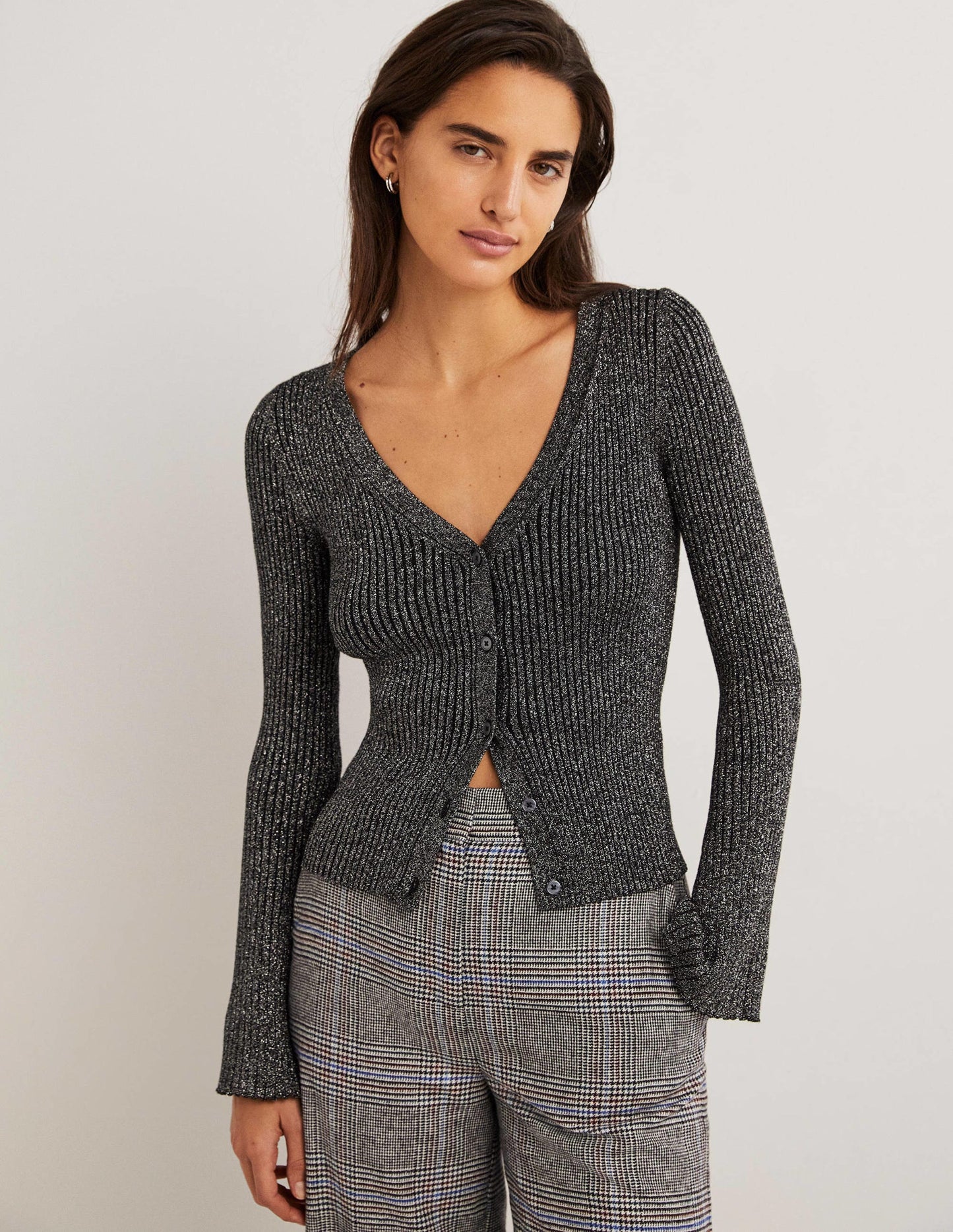 Black Ribbed Metallic Cardigan-Silver, Black