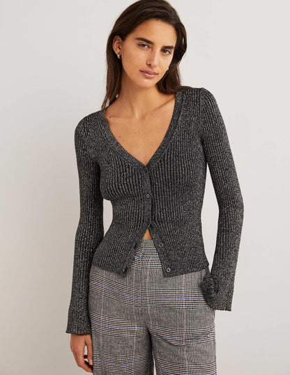 Black Ribbed Metallic Cardigan-Silver, Black-1