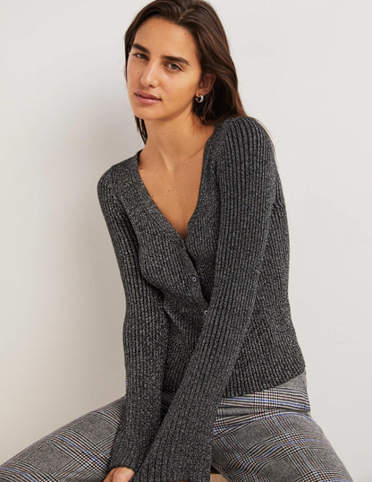 Black Ribbed Metallic Cardigan-Silver, Black-4