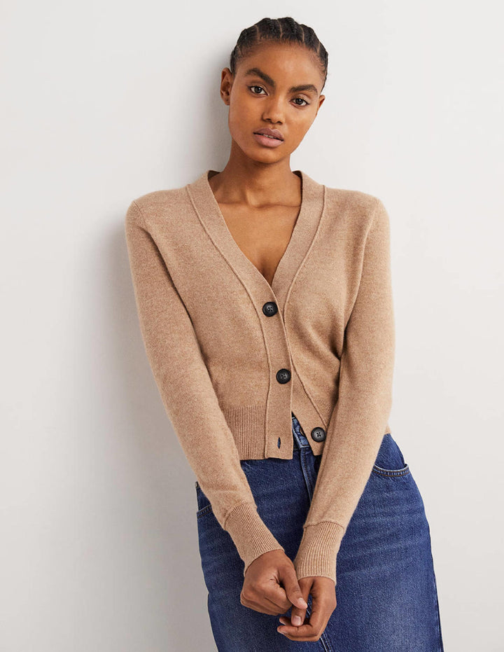 Cropped Cashmere V Cardigan-Camel Melange