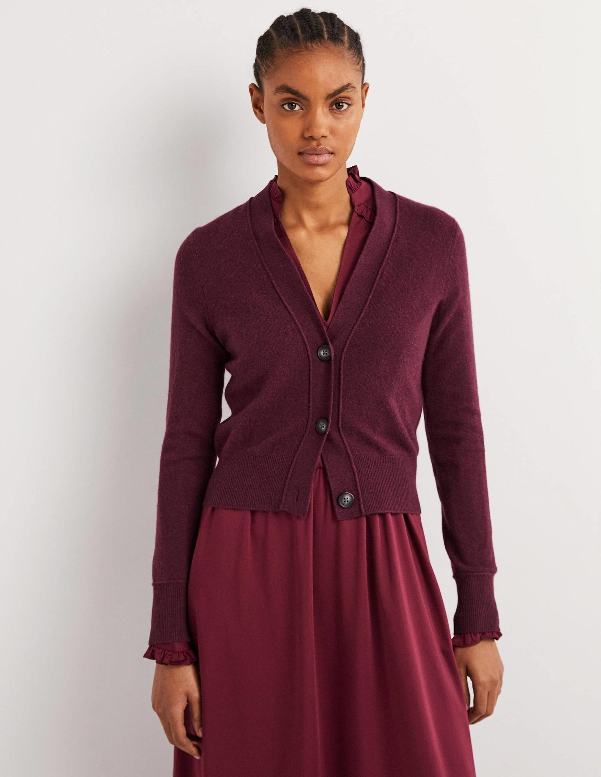 Cropped Cashmere V Cardigan-Mulled Wine Melange-4