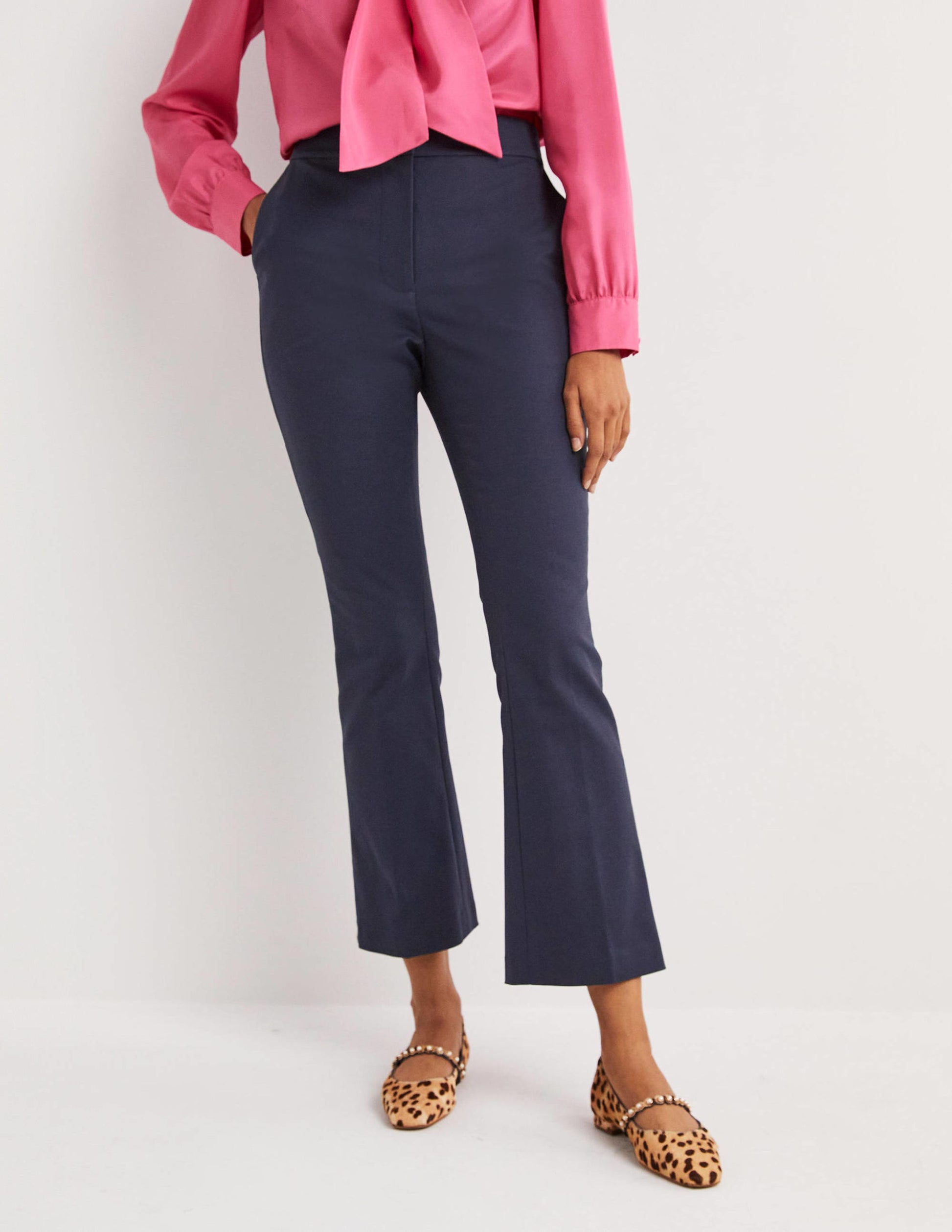 Cropped Flare Trousers-Navy-4
