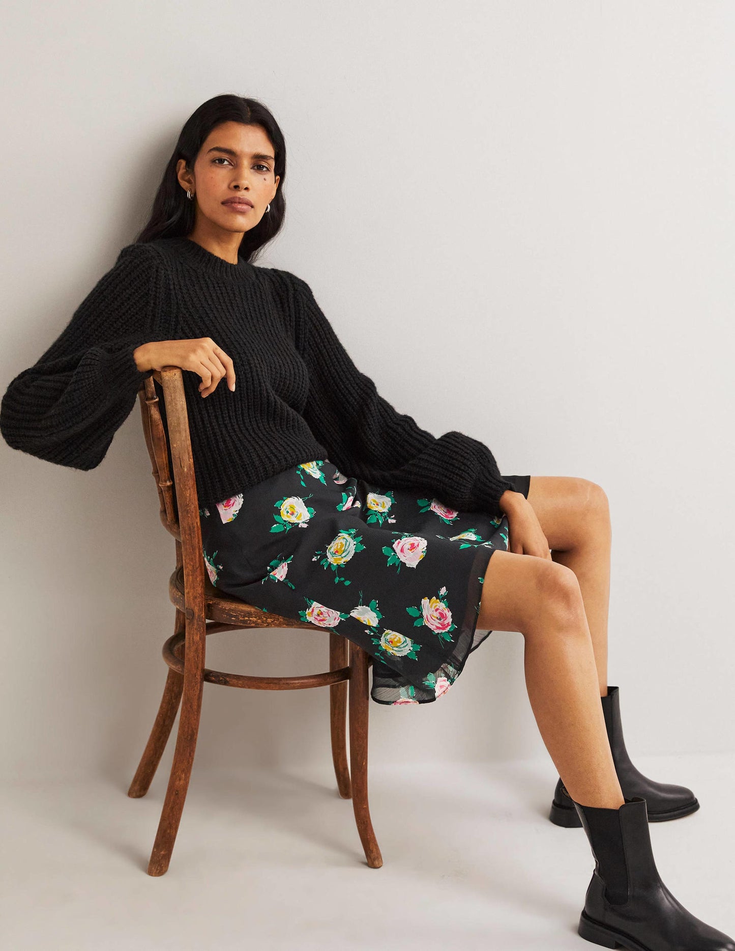 Crinkle Bias-cut Skirt-Black, Painterly Rose