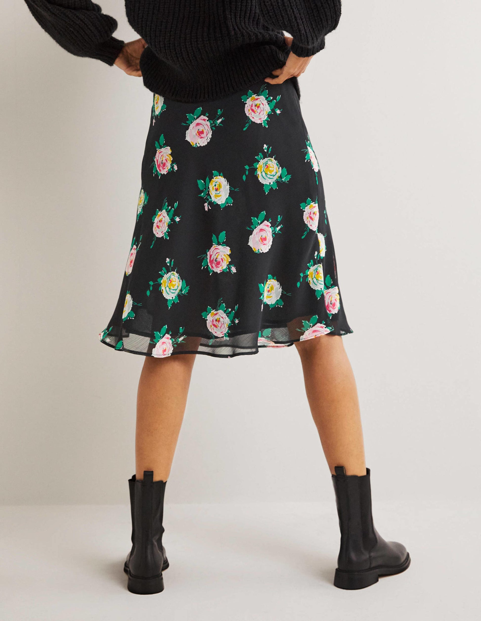 Crinkle Bias-cut Skirt-Black, Painterly Rose-3