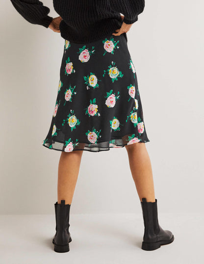Crinkle Bias-cut Skirt-Black, Painterly Rose-3