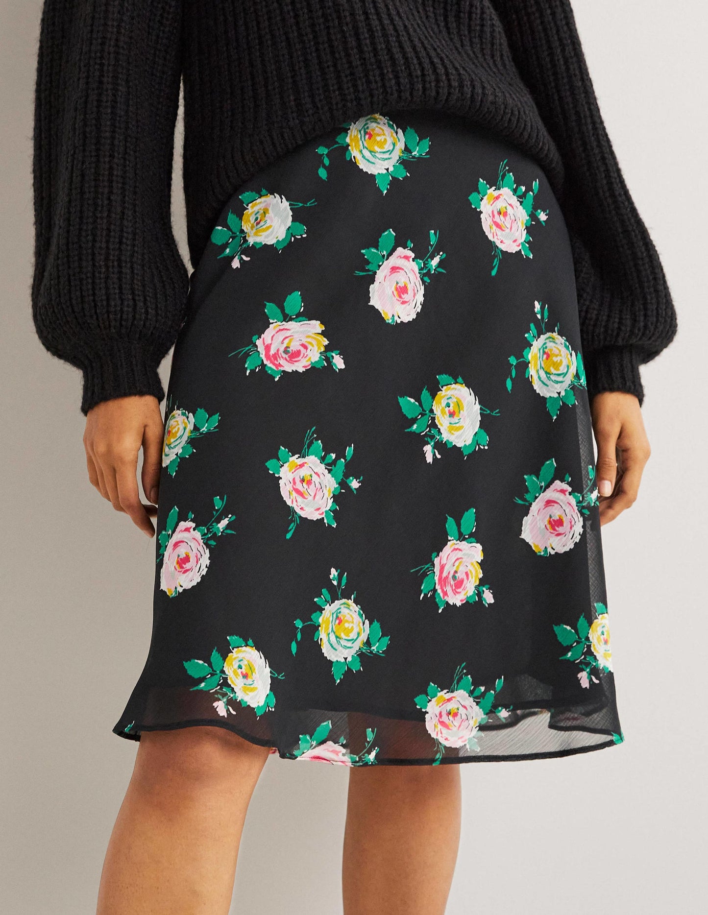 Crinkle Bias-cut Skirt-Black, Painterly Rose