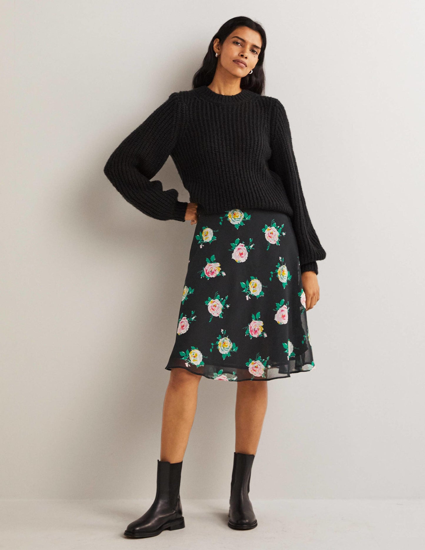 Crinkle Bias-cut Skirt-Black, Painterly Rose