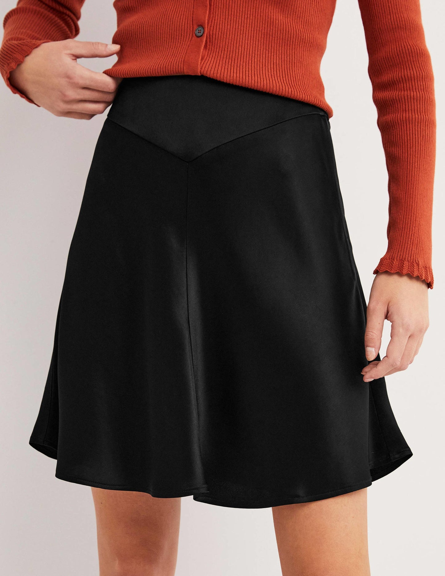 Black Satin Bias-cut Mini Skirt-Black