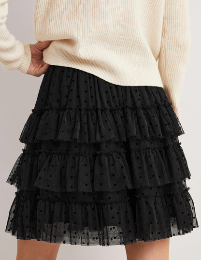Black Polka Dot Ruffle Tulle Mini Skirt-Black-3