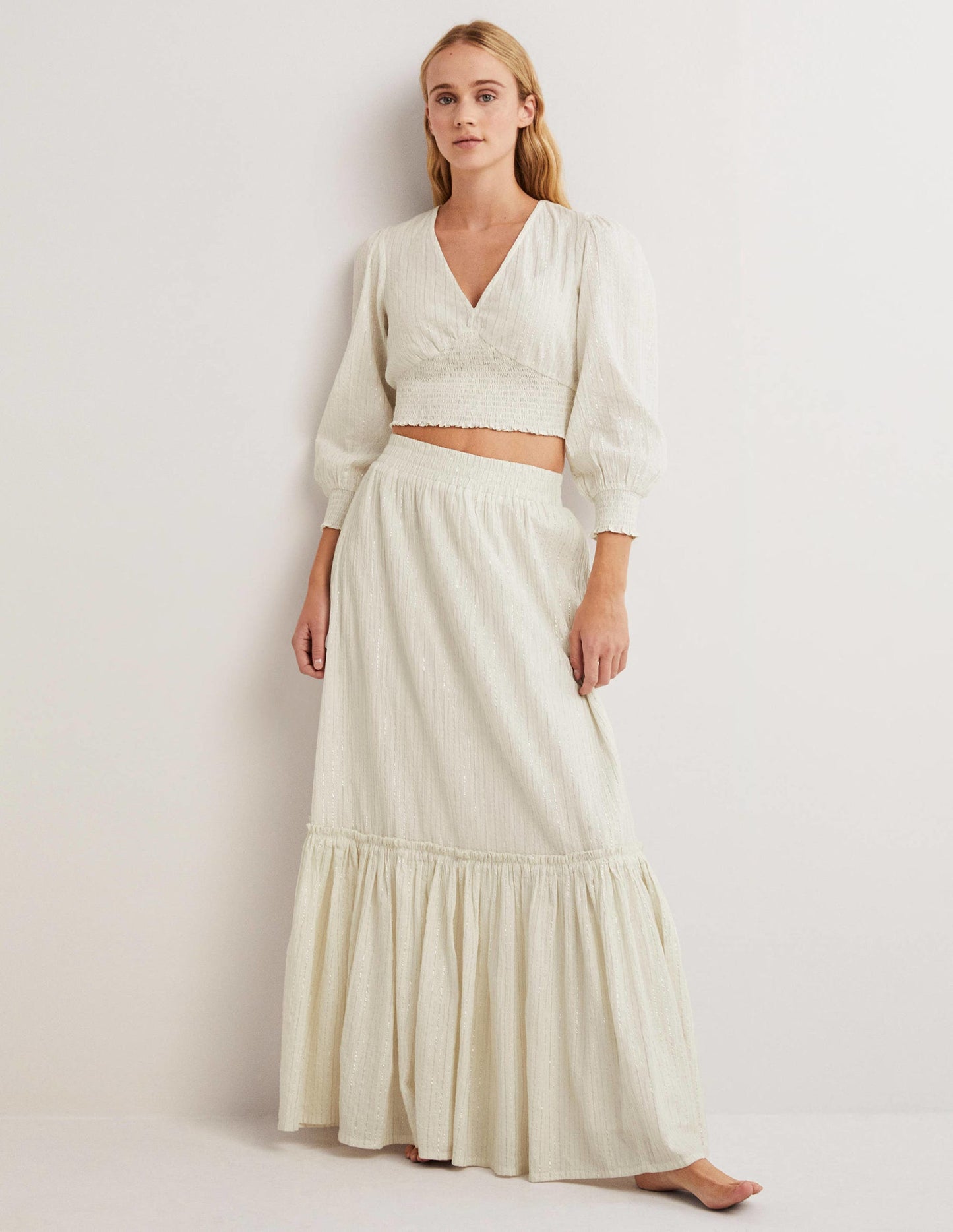 Cotton Metallic Maxi Skirt-Ivory Crinkle Lurex