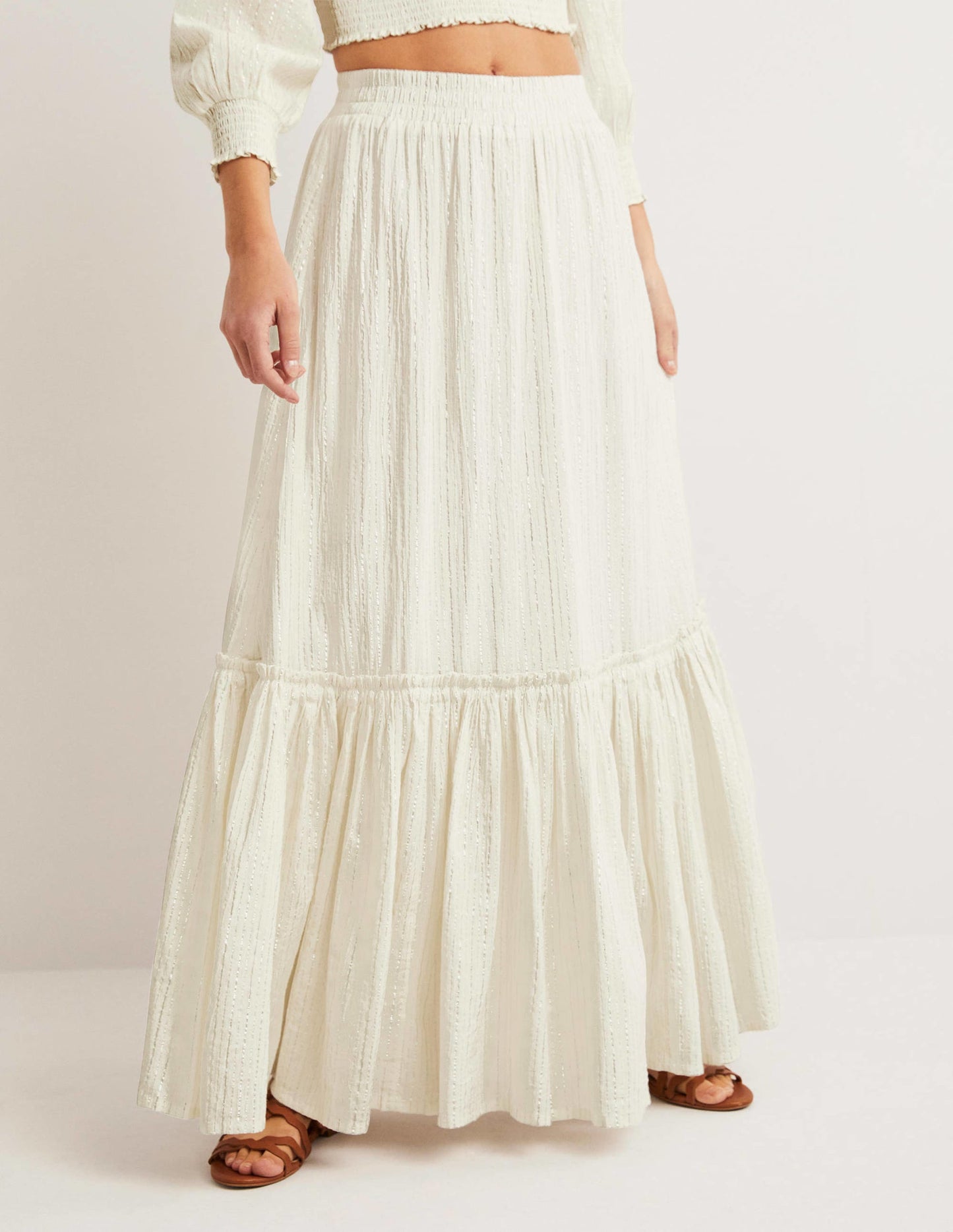 Cotton Metallic Maxi Skirt-Ivory Crinkle Lurex