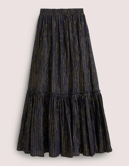 Cotton Metallic Maxi Skirt-Navy Crinkle Lurex