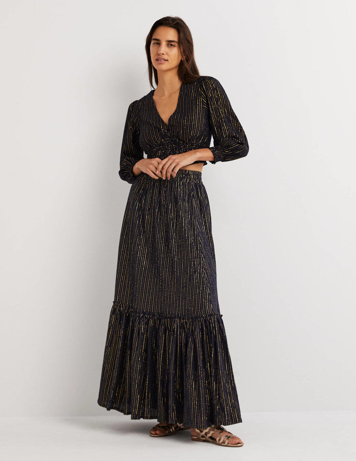 Cotton Metallic Maxi Skirt-Navy Crinkle Lurex