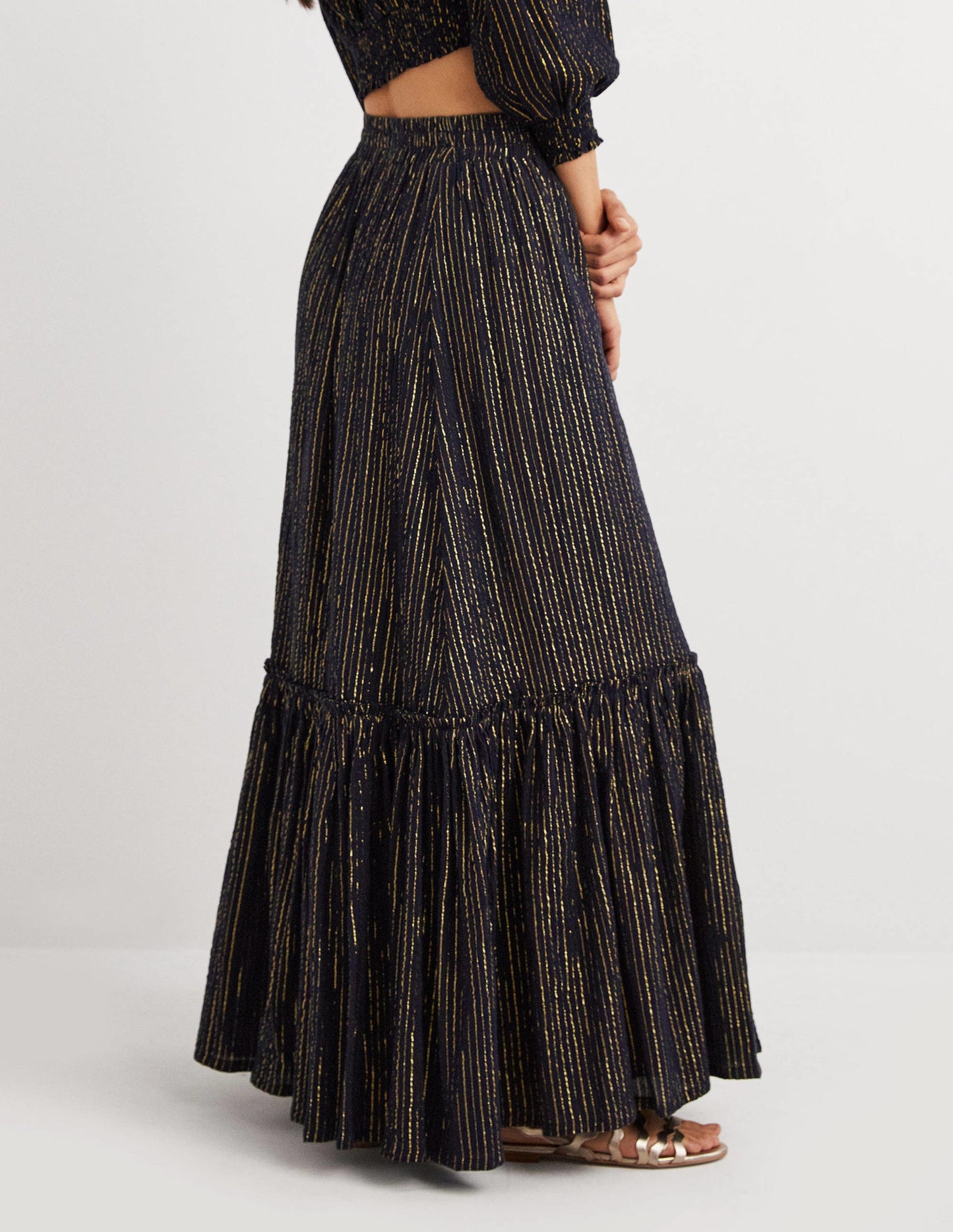 Cotton Metallic Maxi Skirt-Navy Crinkle Lurex