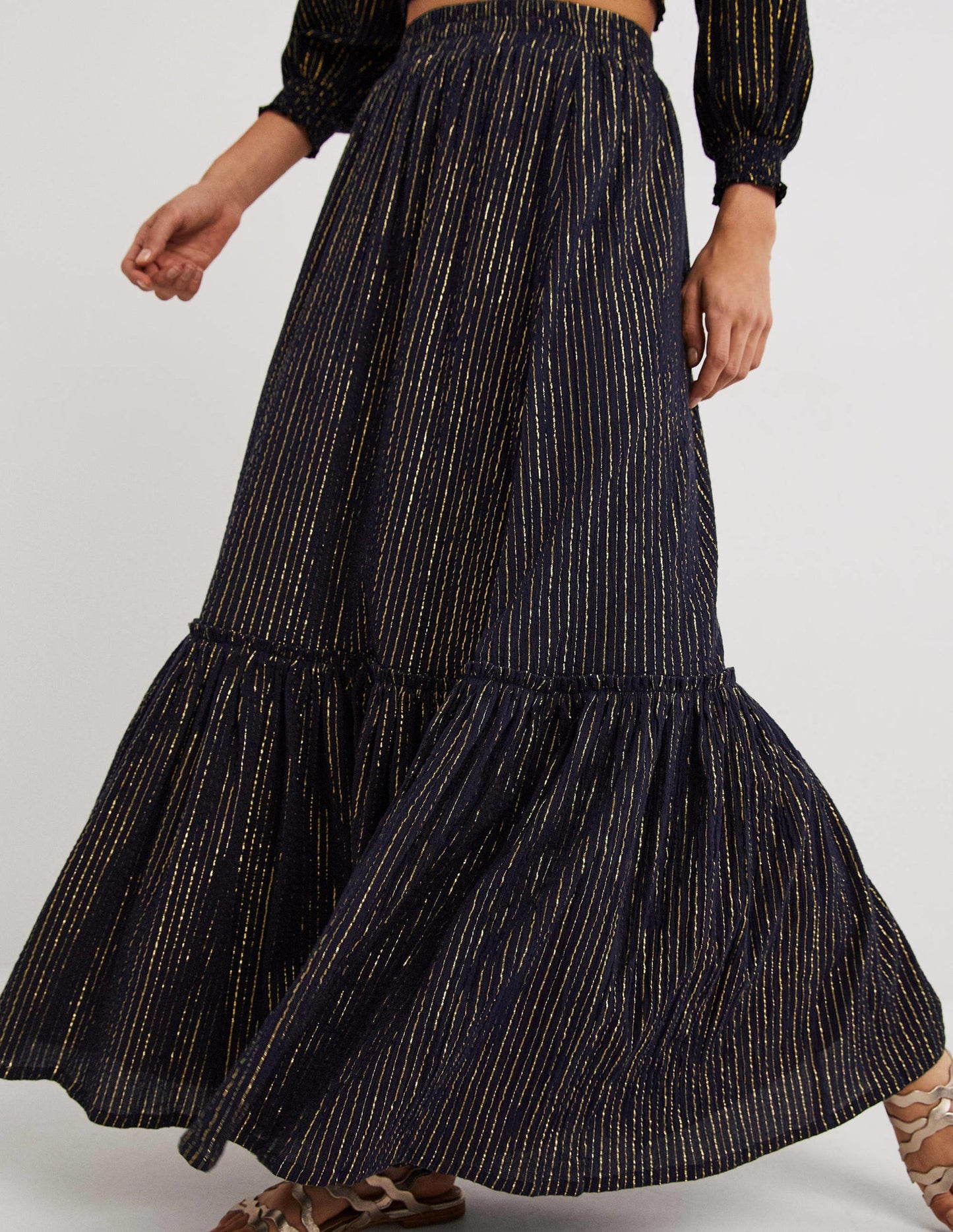 Cotton Metallic Maxi Skirt-Navy Crinkle Lurex