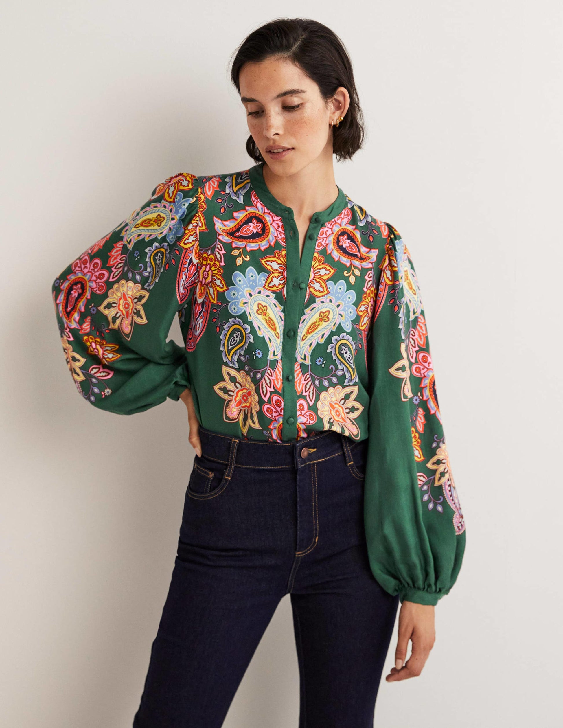 Blouson Sleeve Blouse-Trekking Green, Paisley Charm-1