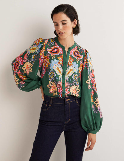 Blouson Sleeve Blouse-Trekking Green, Paisley Charm-1