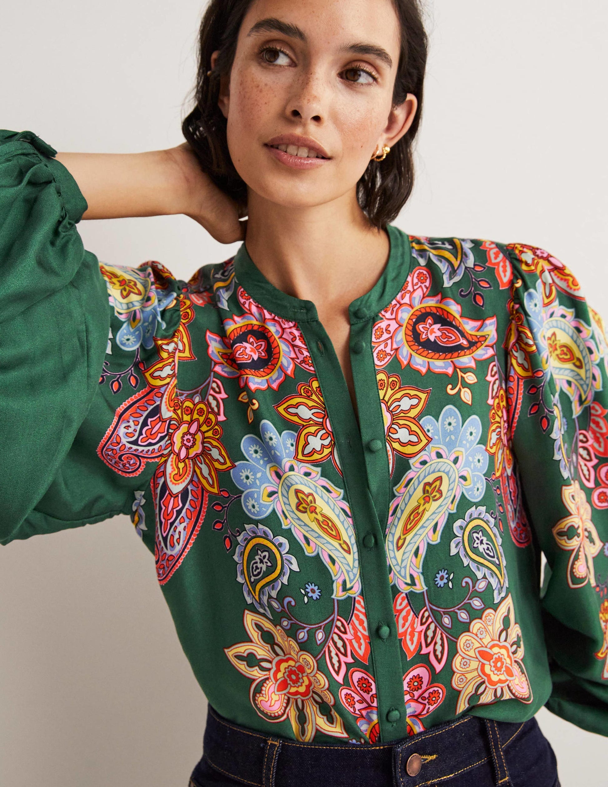 Blouson Sleeve Blouse-Trekking Green, Paisley Charm-2