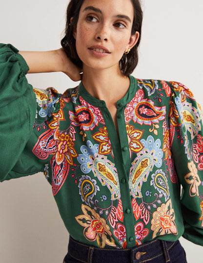 Blouson Sleeve Blouse-Trekking Green, Paisley Charm-2