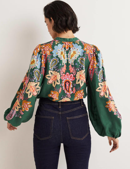 Blouson Sleeve Blouse-Trekking Green, Paisley Charm-3