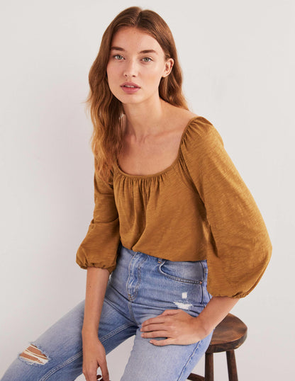 Blouson Sleeve Cotton Top-Butterscotch Brown-1