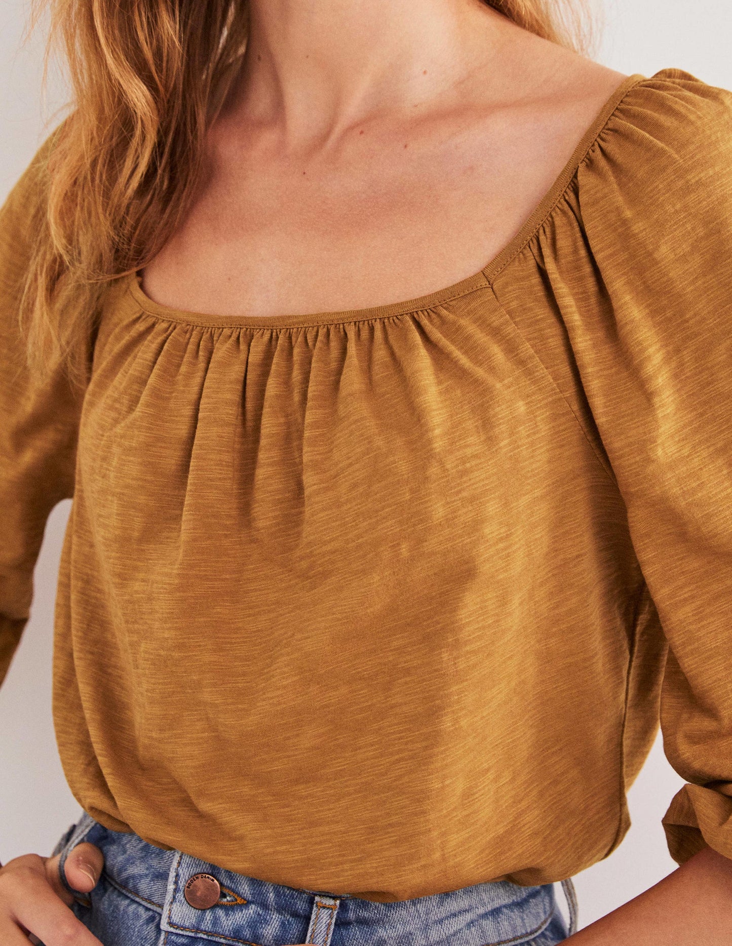 Blouson Sleeve Cotton Top-Butterscotch Brown