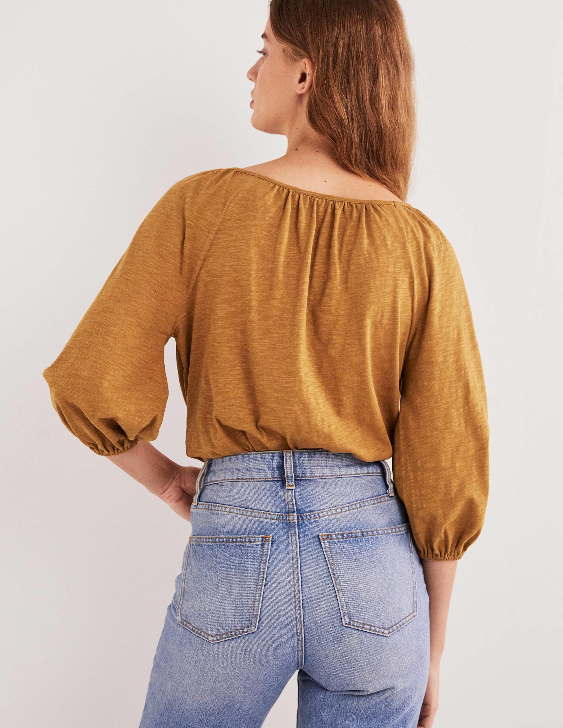 Blouson Sleeve Cotton Top-Butterscotch Brown-3
