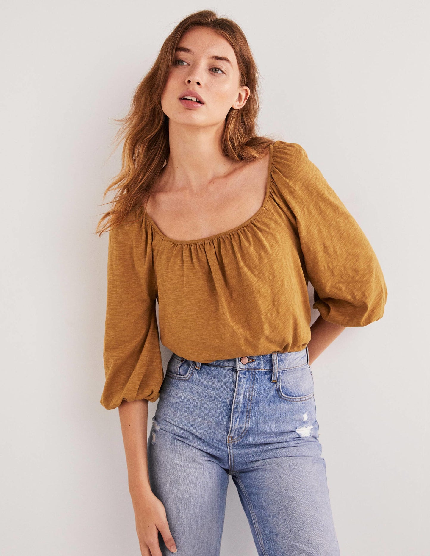 Blouson Sleeve Cotton Top-Butterscotch Brown