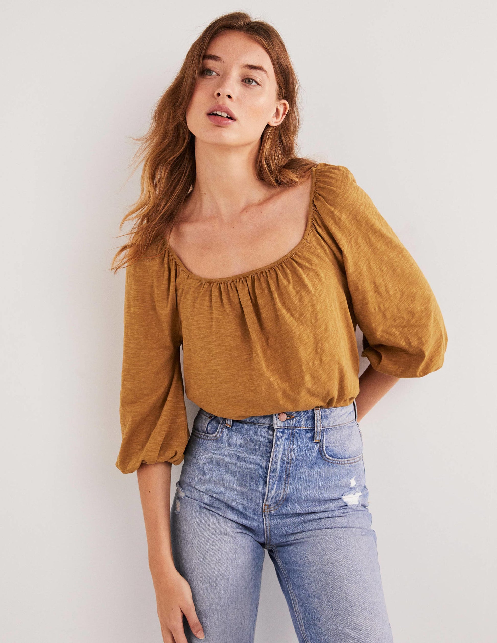 Blouson Sleeve Cotton Top-Butterscotch Brown-4
