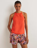 Strappy Halterneck Linen Top-Tigerlily Orange