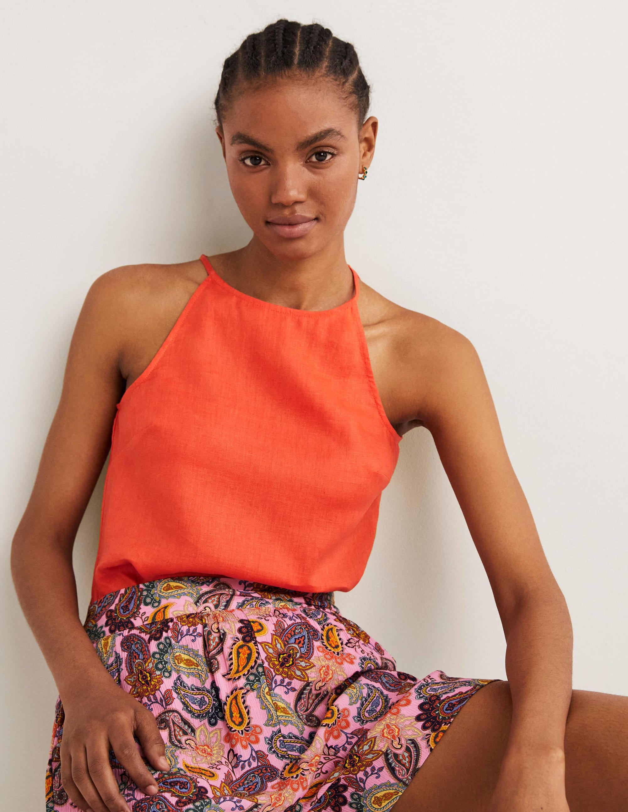 Strappy Halterneck Linen Top-Tigerlily Orange - Image 4