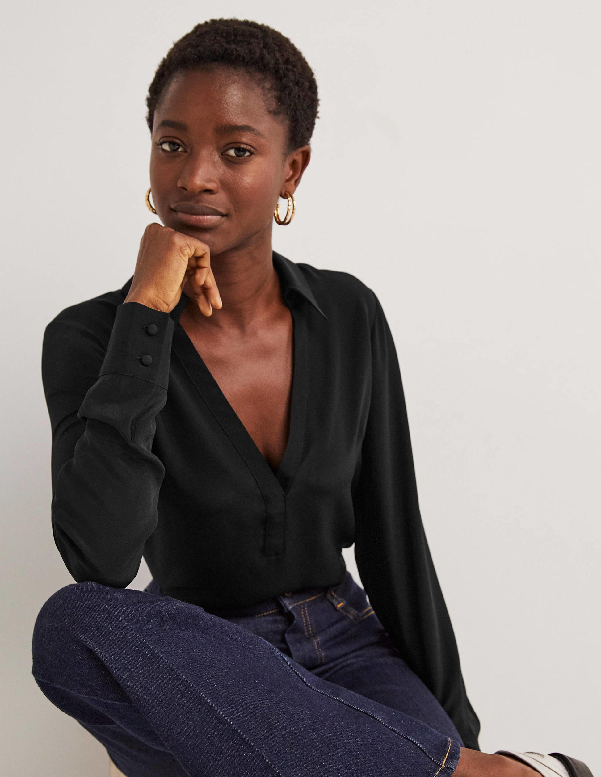 Collared Silk Top-Black-1