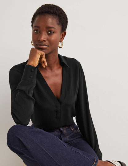 Collared Silk Top-Black-1