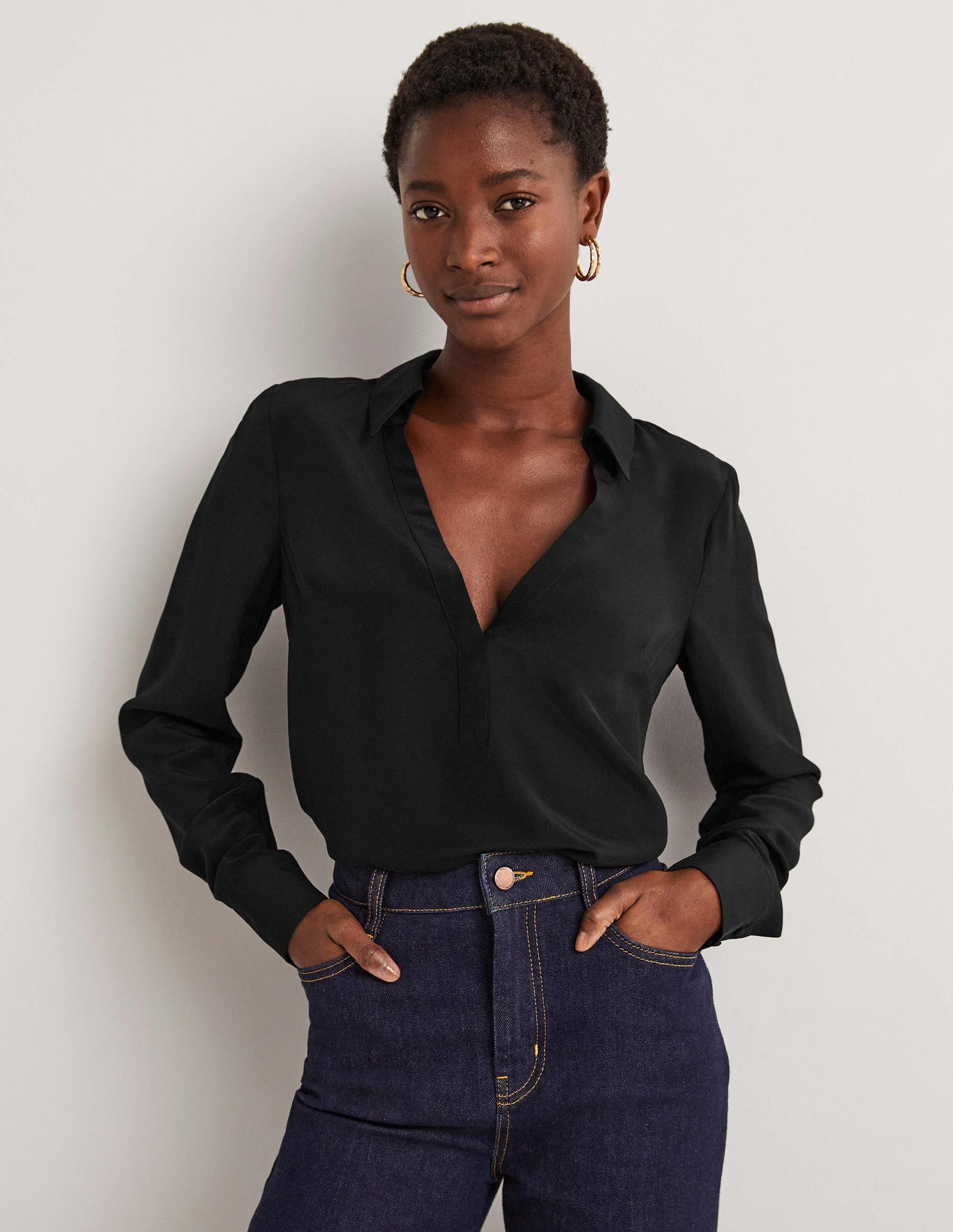 Collared Silk Top-Black-5