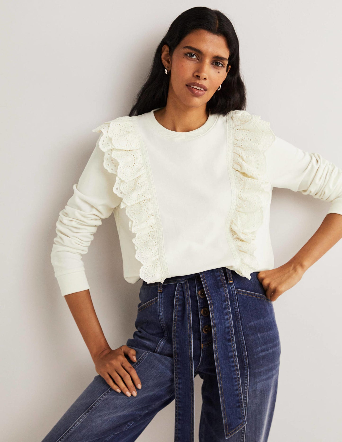 Broderie Insert Sweatshirt-Ivory