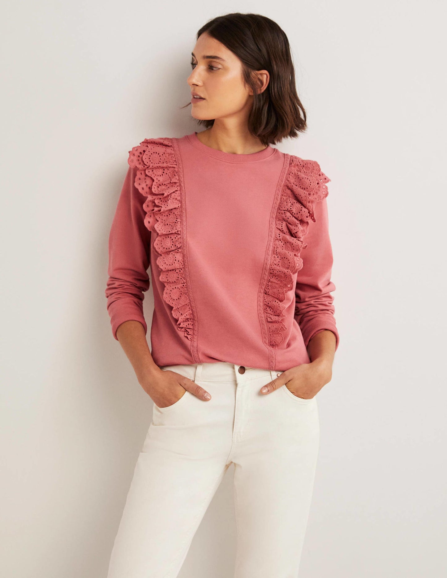 Broderie Insert Sweatshirt-Dusty Red