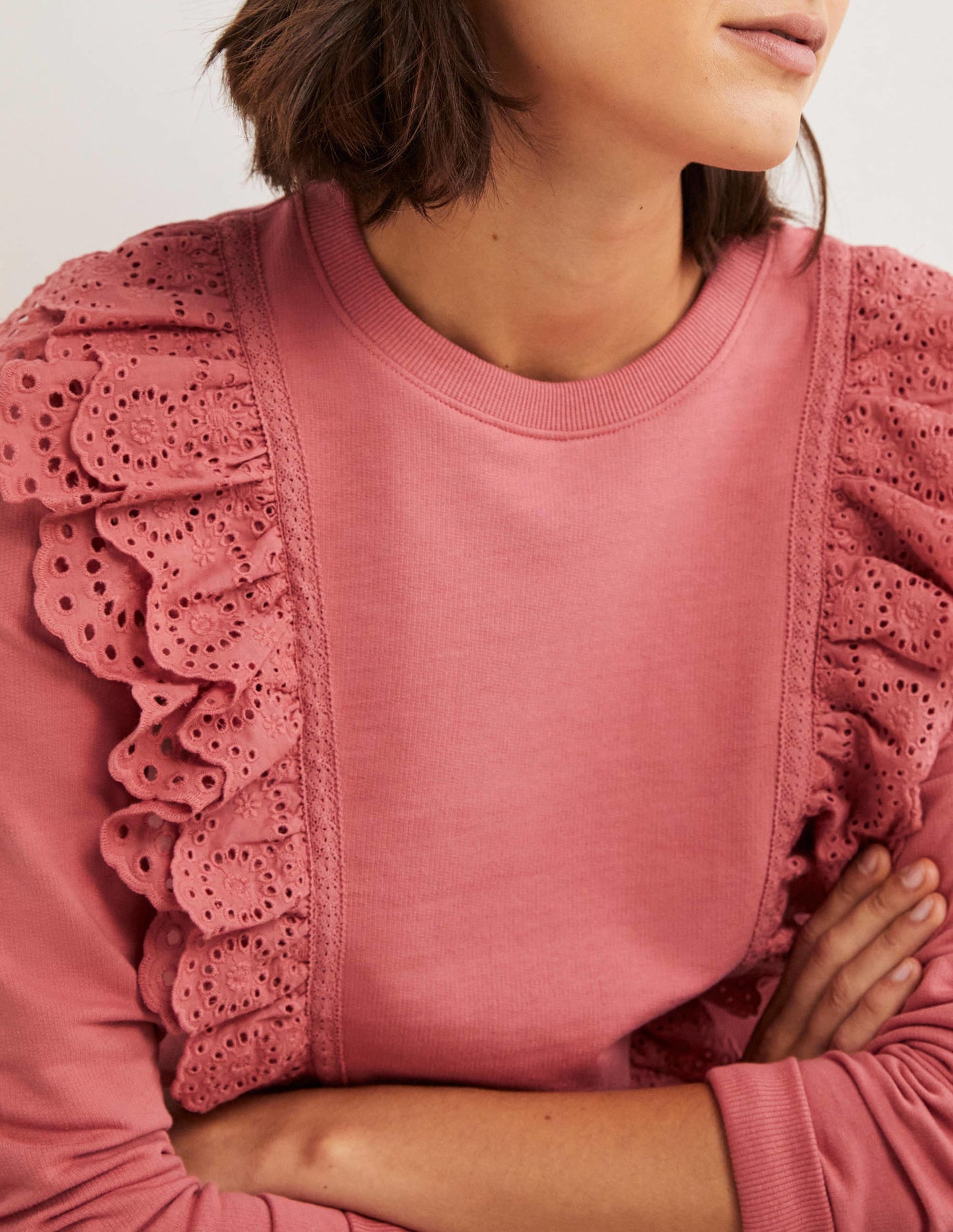 Broderie Insert Sweatshirt-Dusty Red