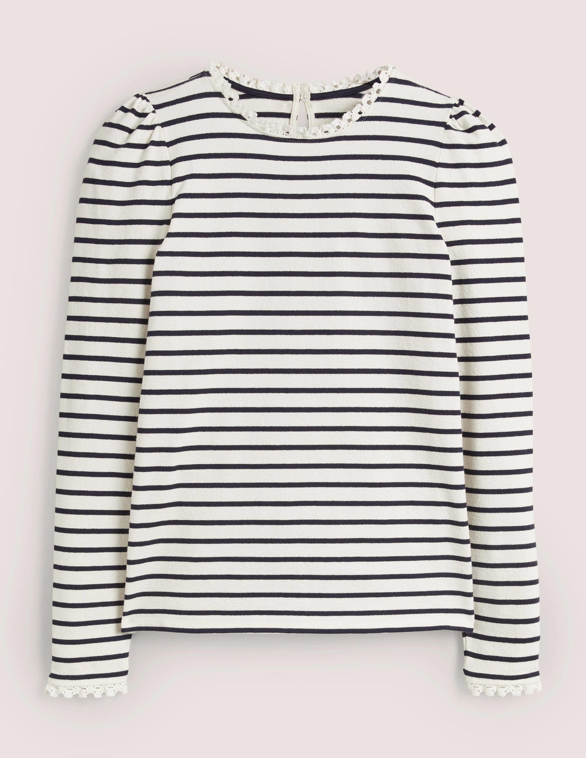 Crochet Trim Crew Neck Top-Ivory, Navy Stripe - Image 5