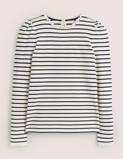 Crochet Trim Crew Neck Top-Ivory, Navy Stripe-5
