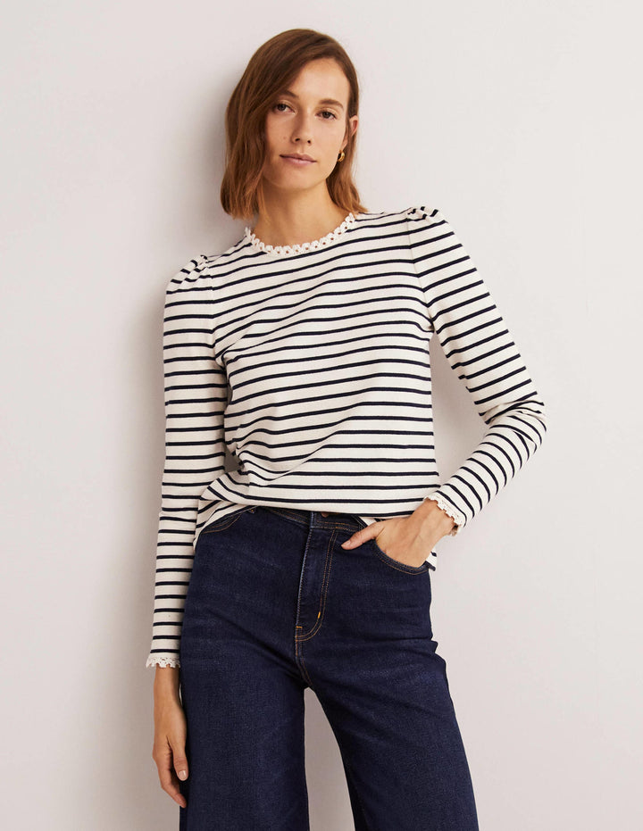 Crochet Trim Crew Neck Top-Ivory, Navy Stripe