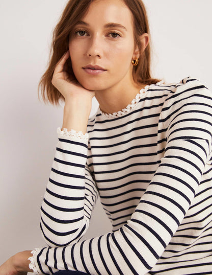 Crochet Trim Crew Neck Top-Ivory, Navy Stripe-2