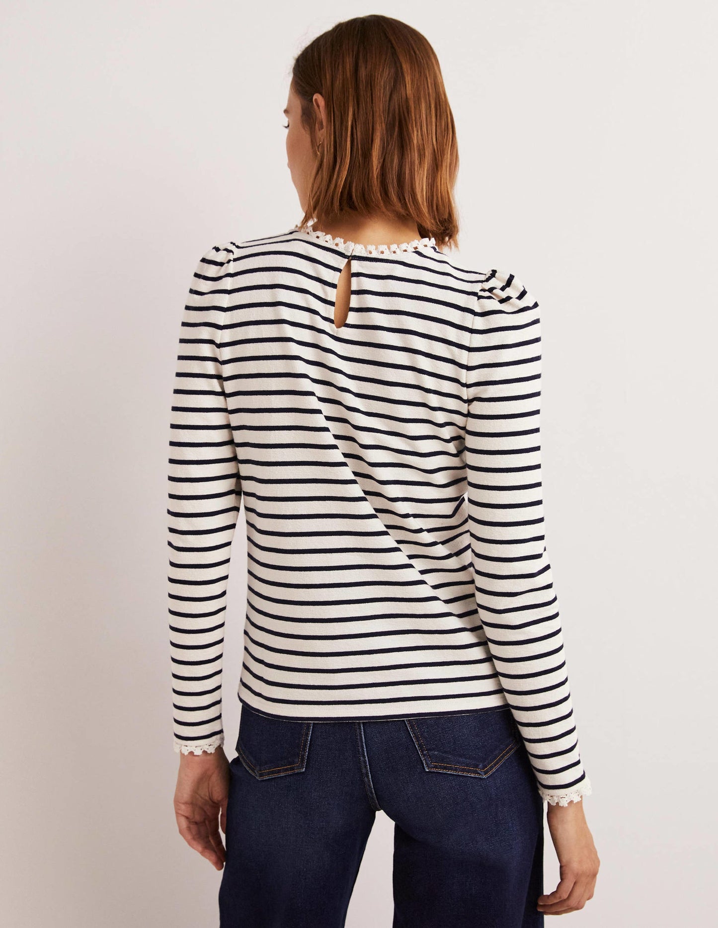 Crochet Trim Crew Neck Top-Ivory, Navy Stripe