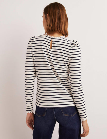 Crochet Trim Crew Neck Top-Ivory, Navy Stripe-3
