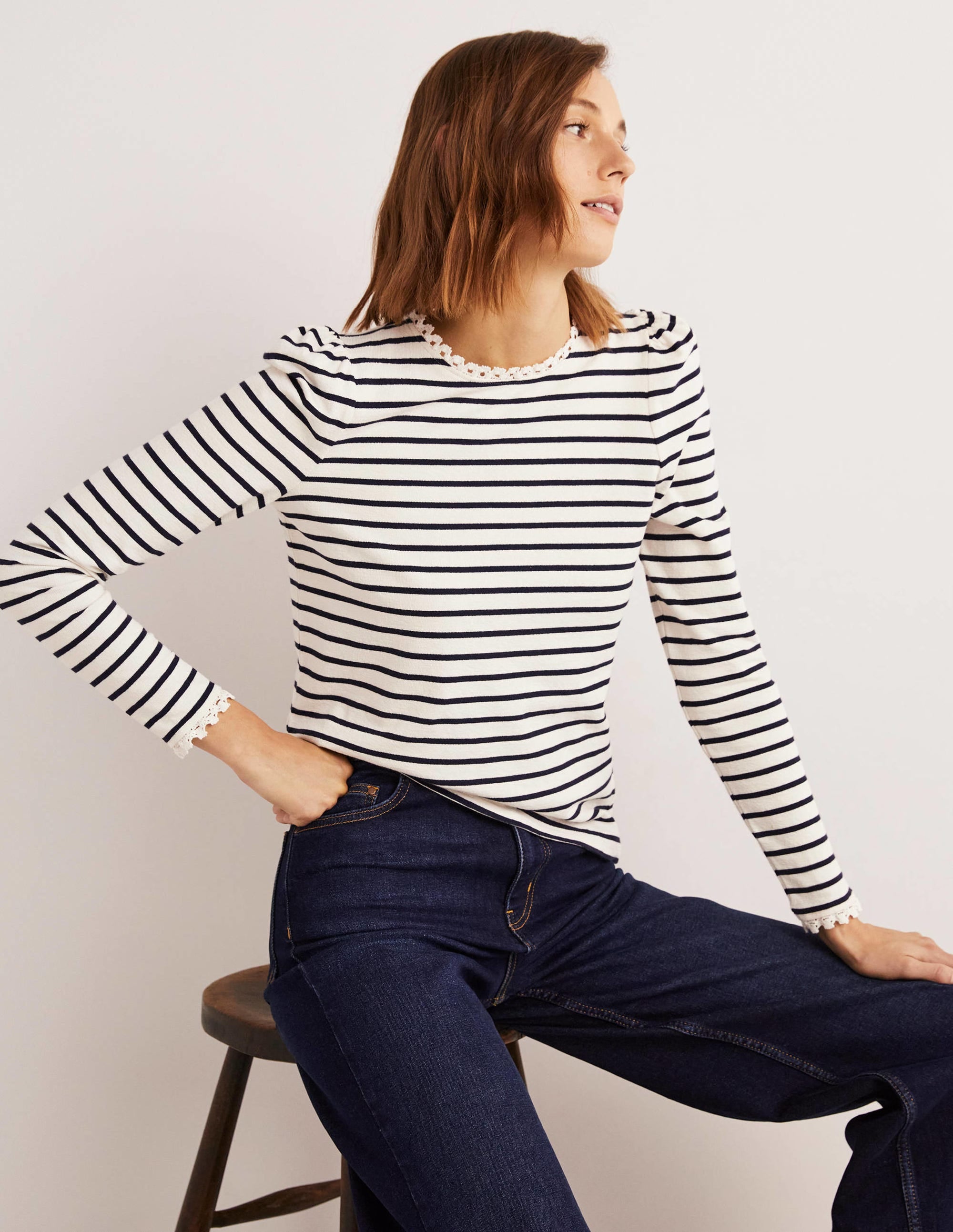 Crochet Trim Crew Neck Top-Ivory, Navy Stripe - Image 4