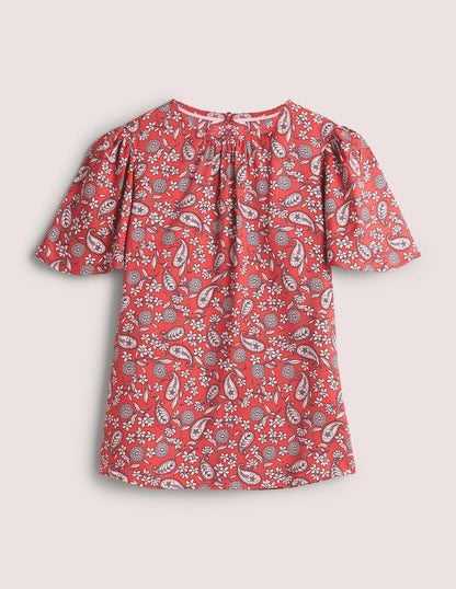 Flutter Sleeve Crew Neck Top-Poinsettia Red, Flower Garden-6