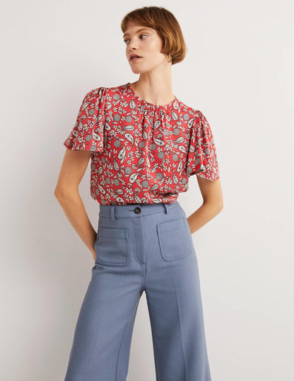 Flutter Sleeve Crew Neck Top-Poinsettia Red, Flower Garden-1