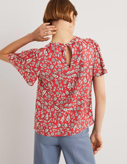 Flutter Sleeve Crew Neck Top-Poinsettia Red, Flower Garden-3