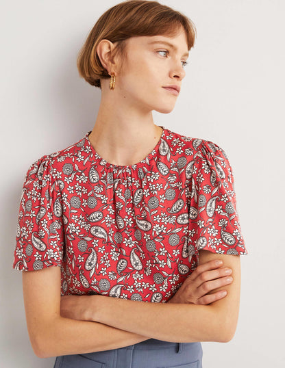 Flutter Sleeve Crew Neck Top-Poinsettia Red, Flower Garden-4