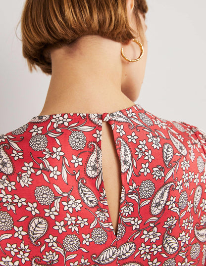 Flutter Sleeve Crew Neck Top-Poinsettia Red, Flower Garden-5