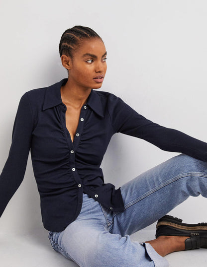 Ruched Front Jersey Shirt-Navy-1